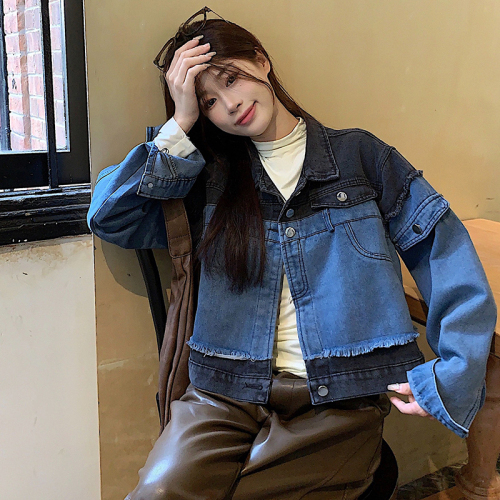 Real shot!  Retro Hong Kong style short spliced ​​denim jacket new style women's spring and autumn Korean style versatile jacket top