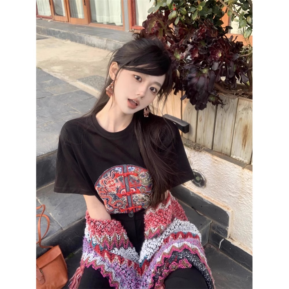 高緊密純棉200g 手工新中式國風刺繡短袖T恤女