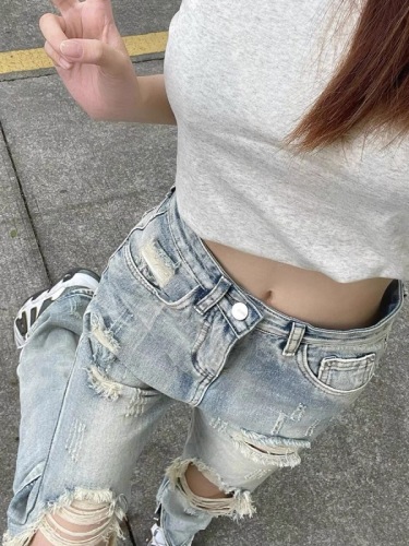 American summer ripped jeans for women 2024 new spring and summer high-waisted fashionable pants high street slit straight