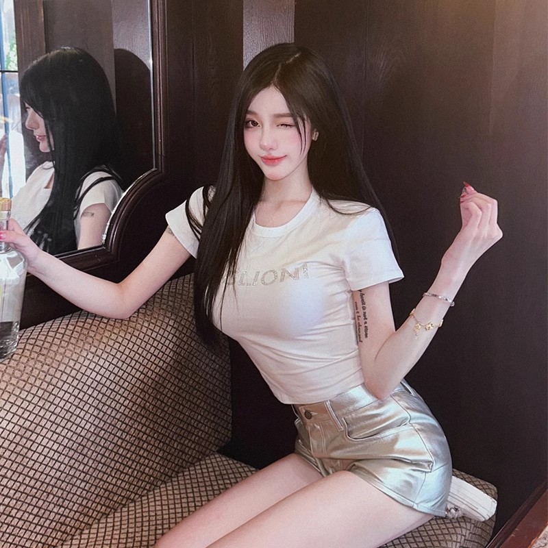 純棉 高彈力重工鑲鑽夏季美式甜酷辣妹風修身顯瘦短款上衣