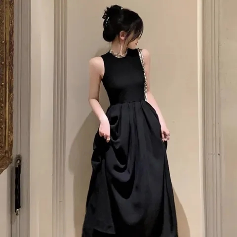 French retro high-end sexy waist long dress sleeveless design hollow dress for women