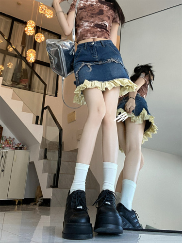 Real shot!  High-waisted denim skirt for women, niche design, irregular lace short skirt, bud skirt