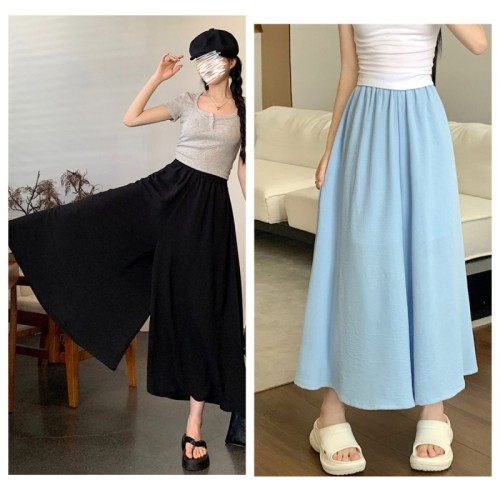 7392 Real shot of skirt for women in summer with thin elastic waist and drapey feeling, slimming and large swing skirt, A-line long skirt, casual culottes