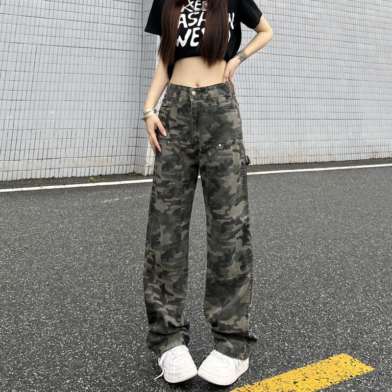 hiphop迷彩工裝褲女街頭甜辣嘻哈寬鬆休閒梨形闊腿長褲拖地牛仔褲