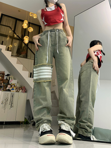 Real shot!  !  Retro elastic waist four-stripe patch denim trousers for women high waist versatile simple casual pants