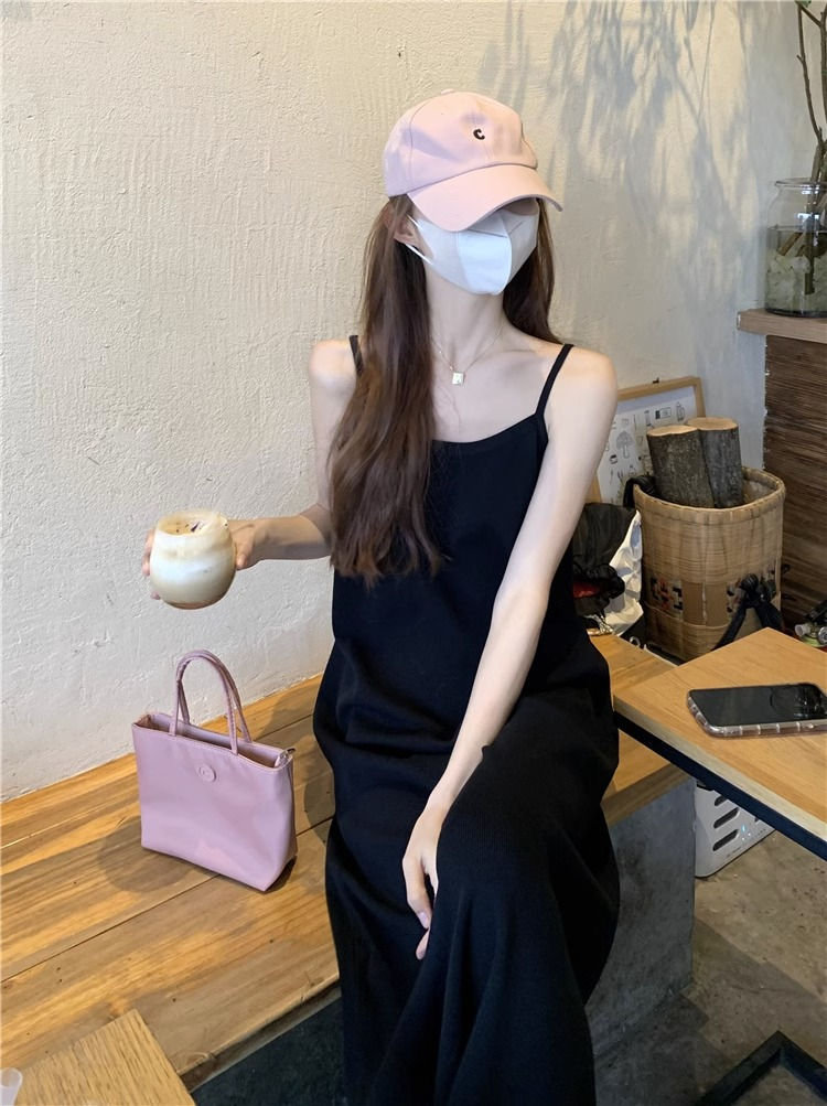 2024年夏季新款韓版純色針織吊帶長裙女裝寬鬆顯瘦連衣裙無袖裙子