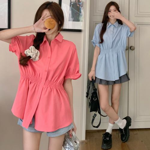 240008 real shot plus size women's waist-covering belly-style shirt women's summer design short-sleeved shirt