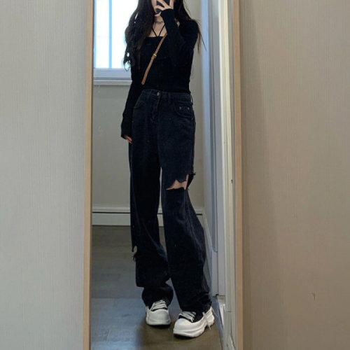 Black ripped denim women's high street straight beggars summer thin loose drape high waist wide leg floor mopping trousers trendy