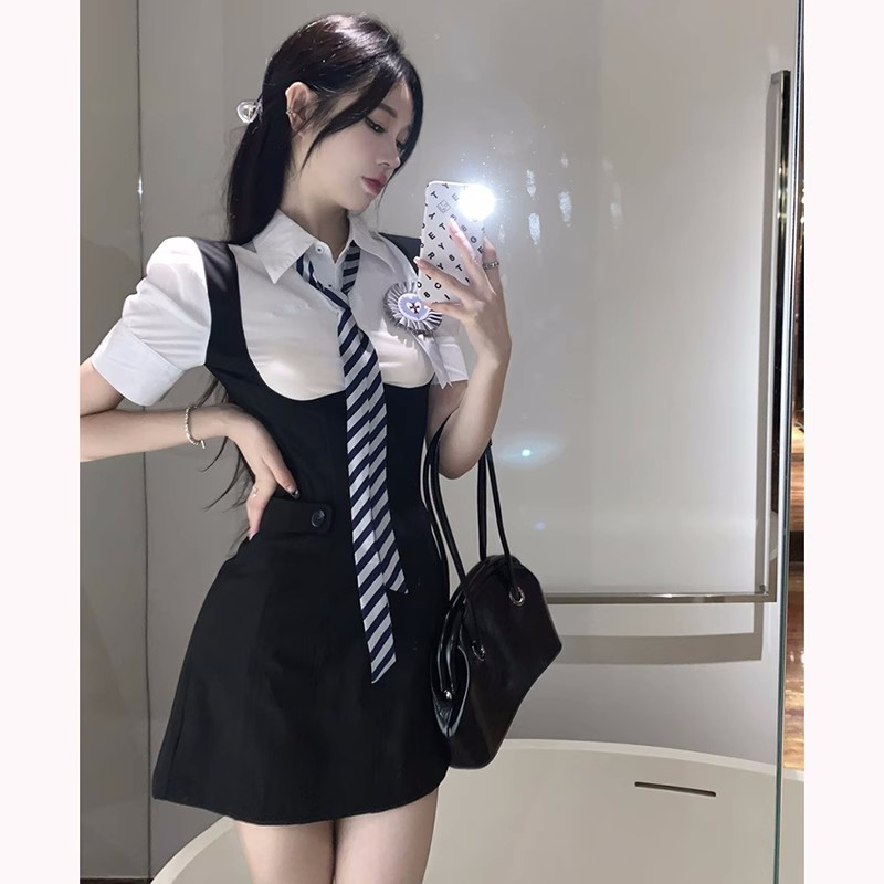 美式辣妹純欲性感包臀短裙女夏裝學院風假兩件襯衫拼接魚骨連衣裙