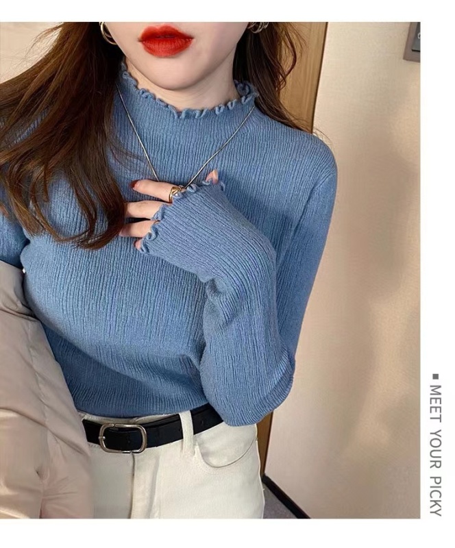 秋冬加絨毛衣女加厚木耳邊內搭半高領套頭洋氣針織打底衫保暖上衣