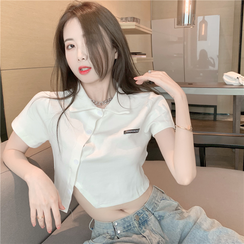 短袖t恤女減齡少女貼標翻領不規則斜門襟高腰短款上衣夏季新款