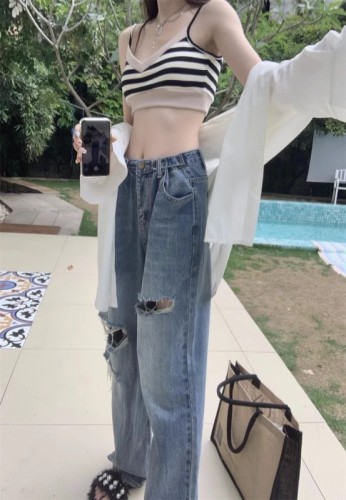 Actual shot of new high-waisted adjustable ripped wide-leg long jeans for women