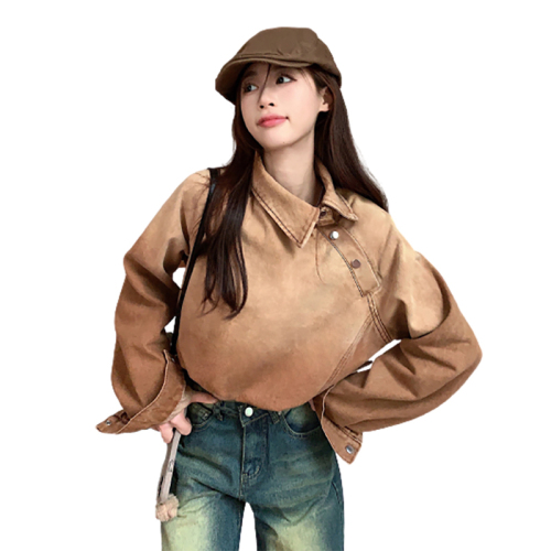 Real shot!  Denim jacket short brown design niche high-end retro Hong Kong style spring wear to hit the street