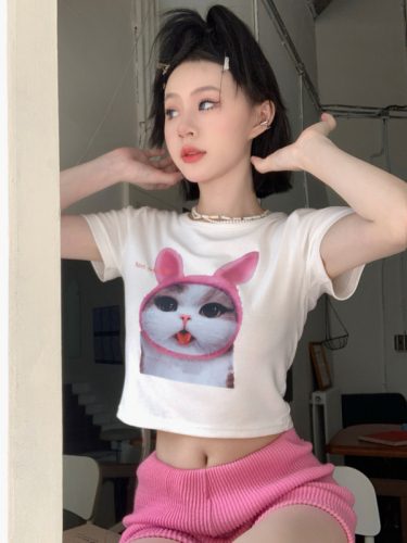 Real shot of cute cat print short round neck slim fit sweet hottie sexy navel exposed T-shirt top for women summer
