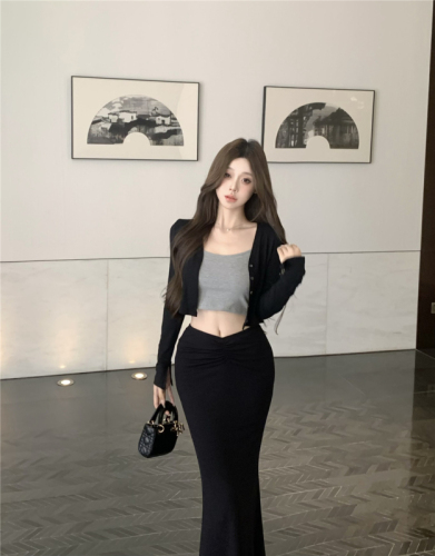 Black cardigan, gray vest, black high-waisted skirt and slim stretch knitted suit for women in spring and summer