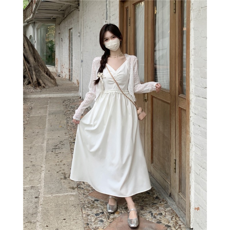 松本喪喪新款夏芭蕾春日風鈴白色連衣裙女百搭打攬高腰顯瘦吊帶裙