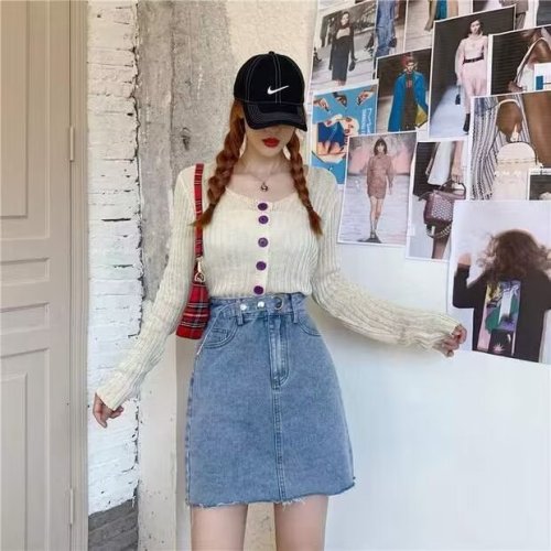 Raw edge denim skirt for women 2024 summer new Korean style high waist student A-line skirt versatile slimming short skirt