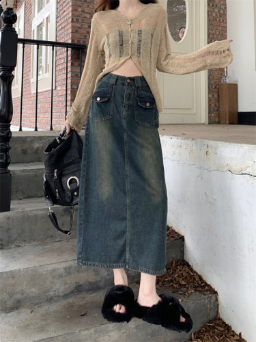 Real shot of denim skirt for women early spring high waist 2024 new retro straight loose a-line mid-length skirt