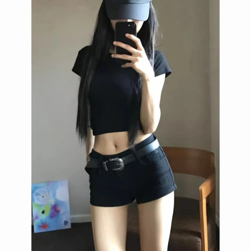 Black low-waisted denim super shorts for women summer hip-covering y2k light subculture hot pants American hot girl stretch pants trendy