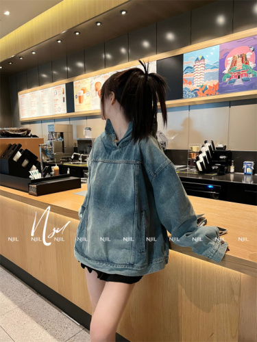 Jay Chou's same style ~ minimalist street loose os boyfriend style denim jacket washed hooded jacket women's clothing