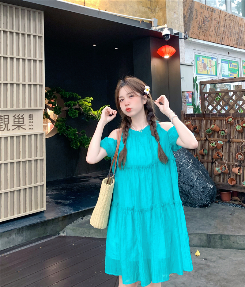 島嶼少女 2024夏季新款連衣裙露肩娃娃蝴蝶結寬鬆泡泡袖蛋糕裙