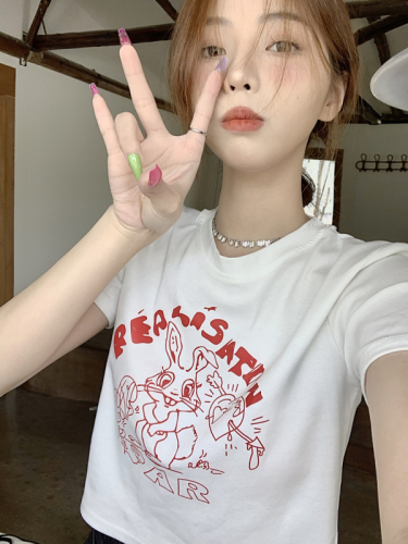 Actual shot of new summer short T-shirt for women ins trendy design rabbit print sweet and spicy top