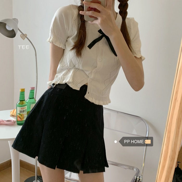 甜美木耳花邊短袖上衣鏤空領口T恤蝴蝶結系帶短款針織開衫女
