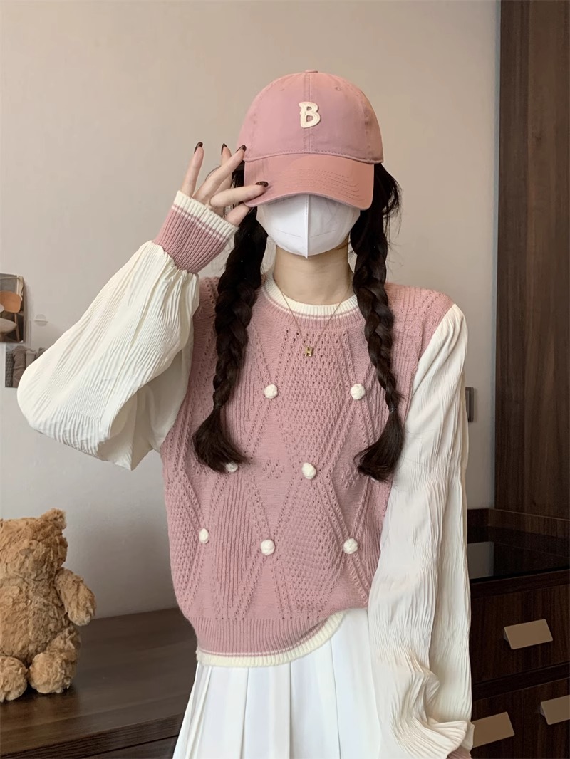 學院風假兩件拼接長袖套頭毛衣女設計感小眾針織衫上衣春秋季新款
