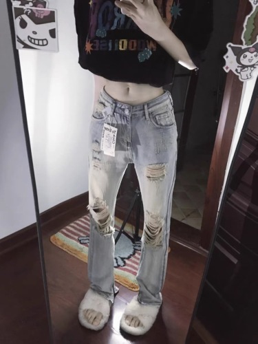 American summer ripped jeans for women 2024 new spring and summer high-waisted fashionable pants high street slit straight