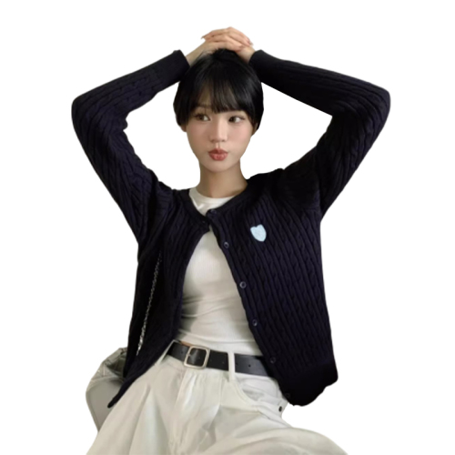 藏青色针织开衫短款女小个子麻花学院风毛衣韩系搭白色裤子套装