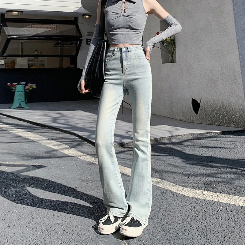 美式淺藍色微喇牛仔褲女春季新款高腰顯瘦微喇叭褲子ins潮百搭女