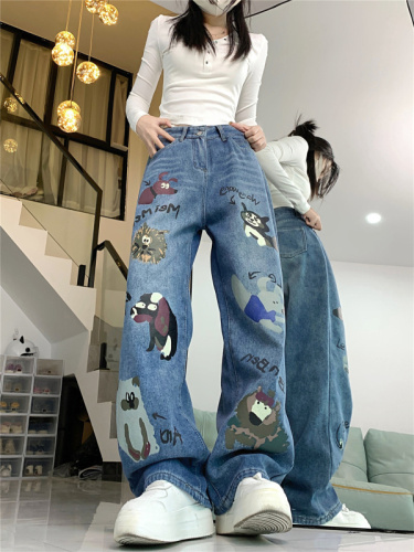 Real shot!  !  Graffiti Print High Street Jeans Women's Designer High Waisted Loose Wide Leg Pants