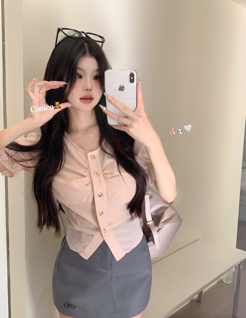Real shot American retro sweetheart college girl puff sleeve shirt women's summer waist slimming top