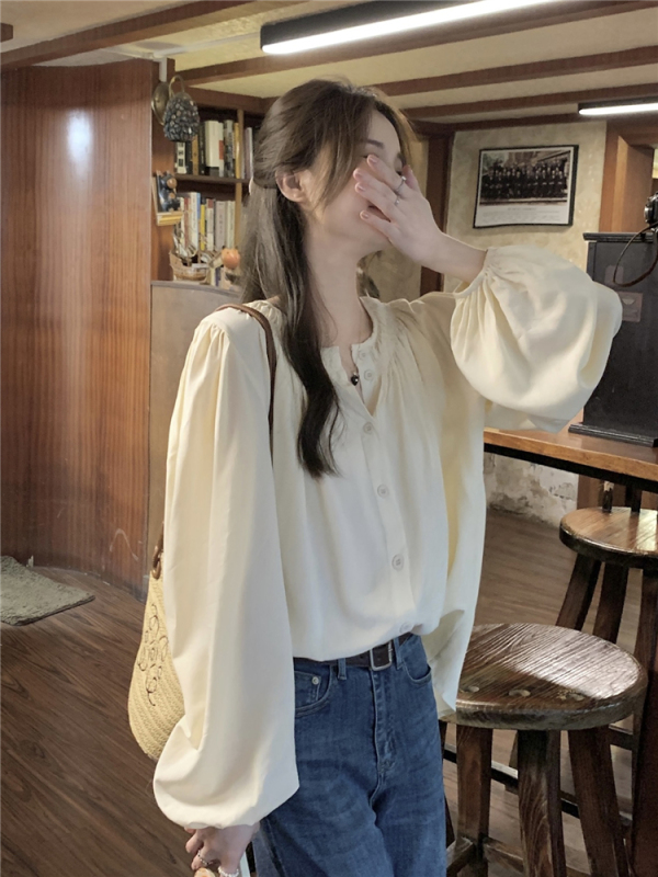Real shot!  Korean style simple puff sleeve apricot artistic casual shirt women's fresh loose round neck top