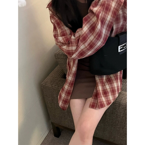 Korean style lazy style red plaid long-sleeved shirt jacket for women 2024 spring and summer versatile casual Polo collar top