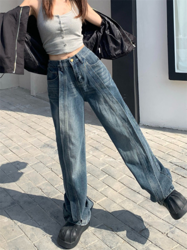 Real shot!  !  !  Spliced ​​jeans are wide and tall, simple and loose-fitting niche high street wide-leg straight trousers