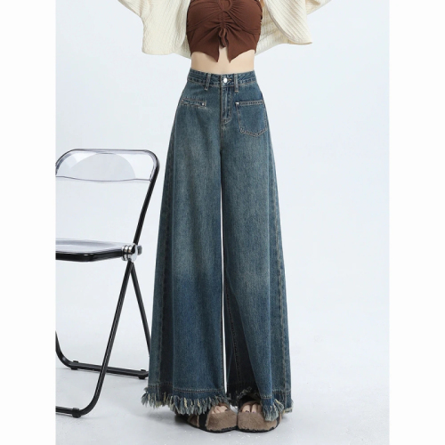 High waist retro dark and light blue design tassel wide leg jeans for women 2024 new loose floor mopping pants