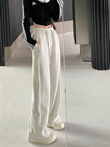 Real shot Chinese cotton composite casual sweatpants women's lazy elastic waist wide legs slightly flared floor-length trousers