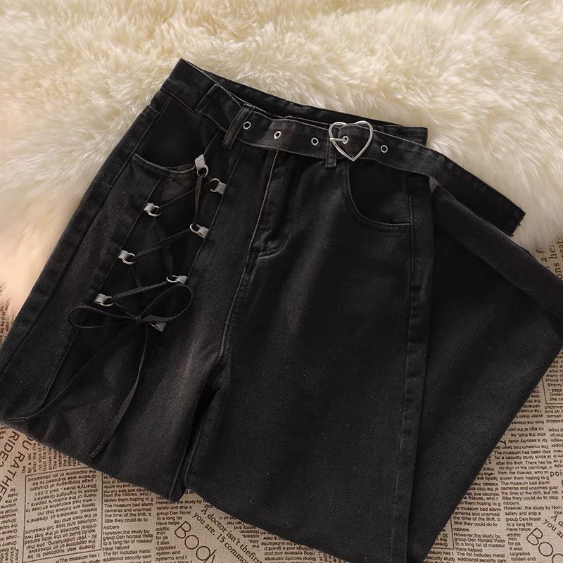 Designed strappy jeans for women 2024 spring new high street retro niche black straight wide leg pants trendy
