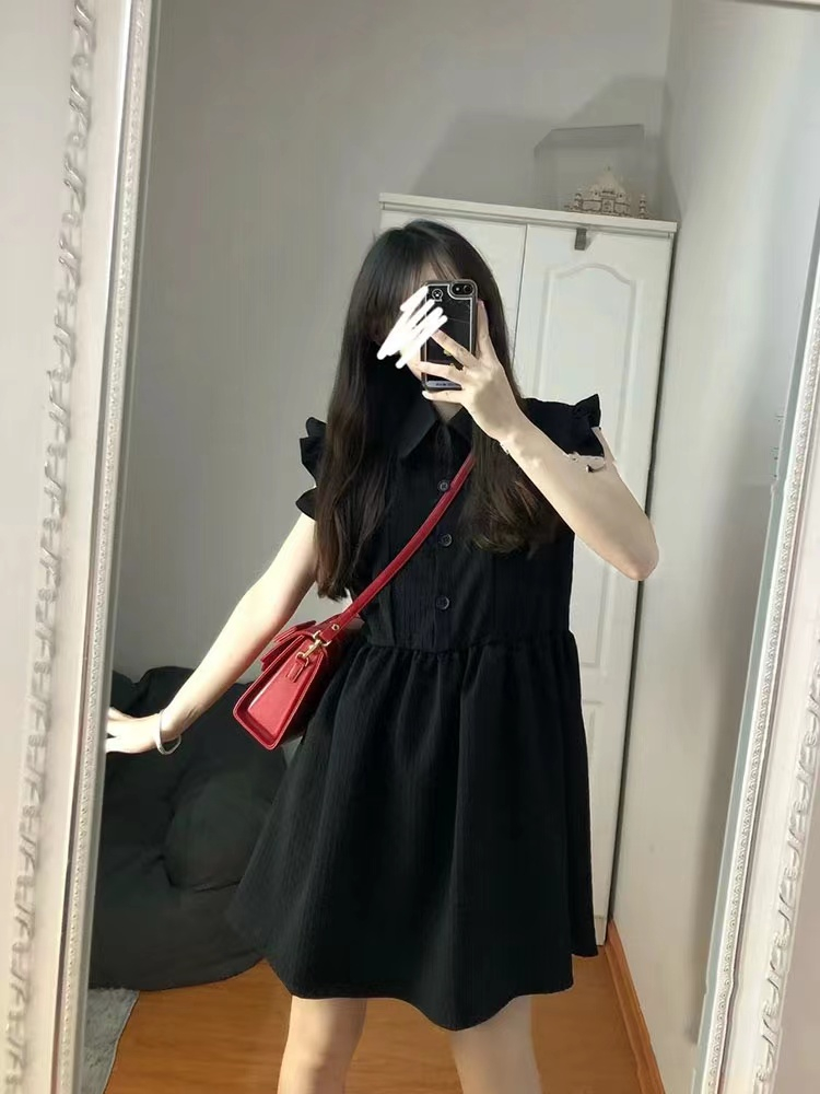 赫本風黑色連衣裙2024夏季新款法式設計感小眾木耳邊小個子娃娃裙
