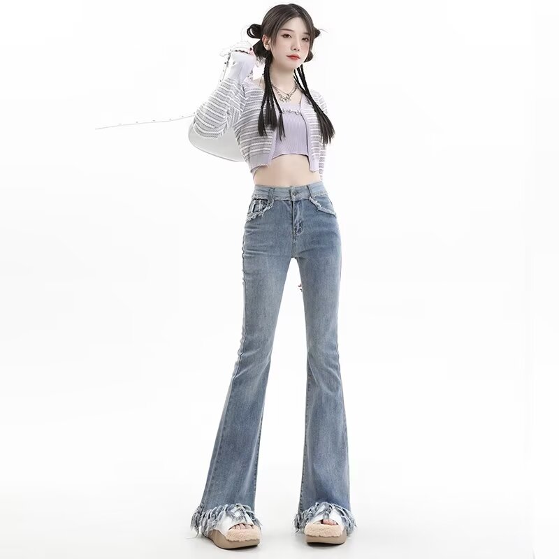 復古辣妹流蘇微喇叭牛仔褲女春秋新款彈力顯瘦高腰毛邊馬蹄拖地褲