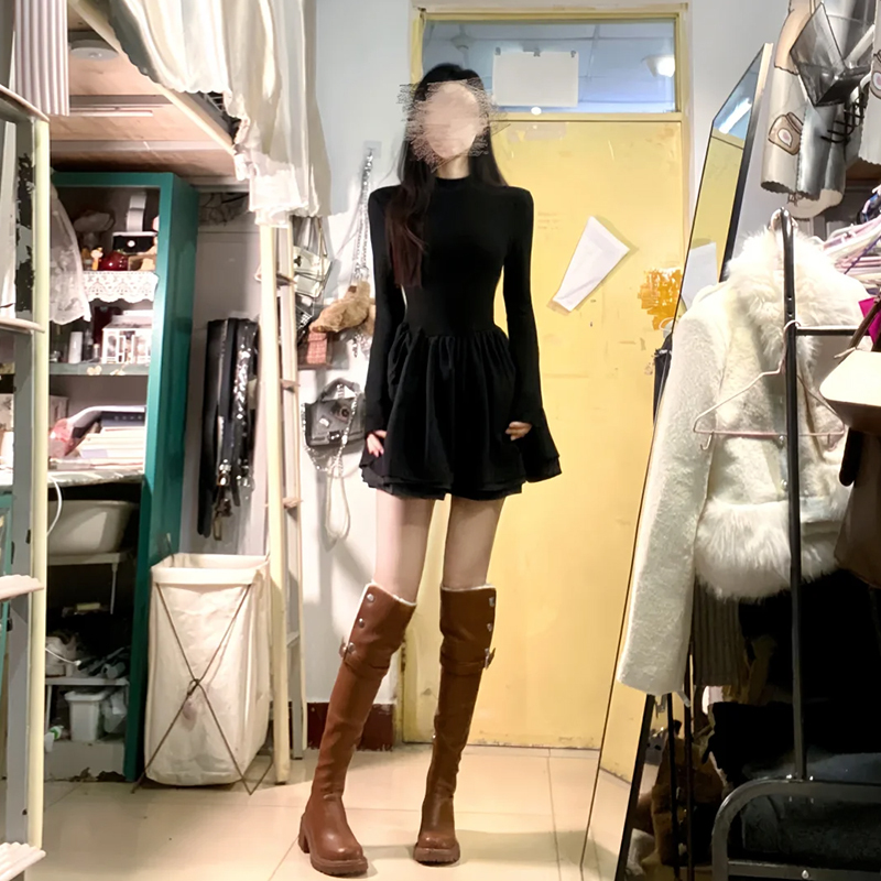 小個子黑色針織連衣裙子2024春冬季新款女裝新年戰袍內搭打底短裙