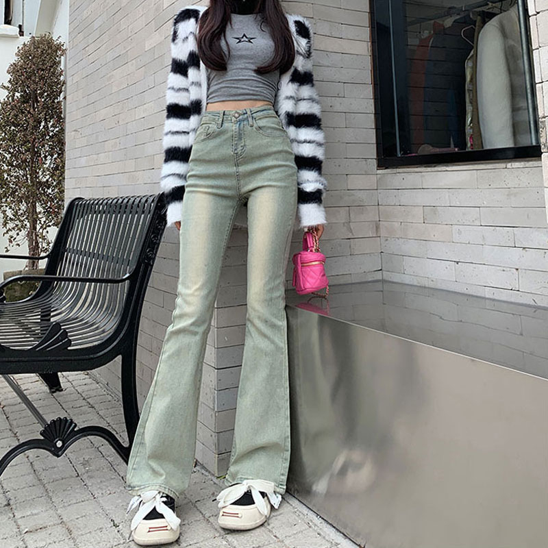 直筒喇叭長褲子馬蹄微喇牛仔褲女春秋修身彈力拖地高腰vibe風美式