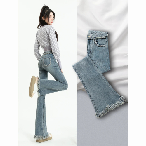 Small bootcut jeans for women spring and summer new style high-waist slim stretch tassel raw edge flared long trousers