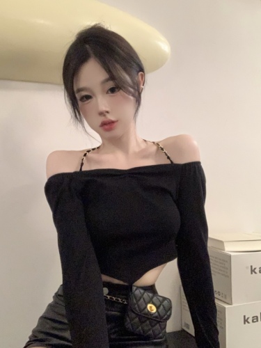 Black long-sleeved chain halter neck T-shirt for women in summer hot girl one-shoulder sexy backless slim fit short top