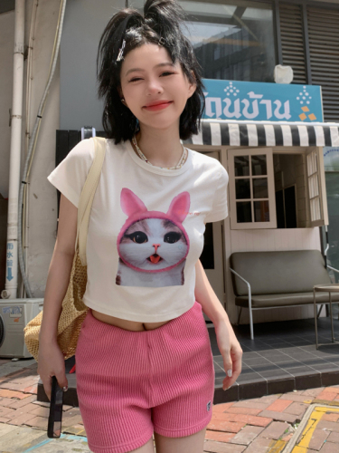 Real shot of cute cat print short round neck slim fit sweet hottie sexy navel exposed T-shirt top for women summer
