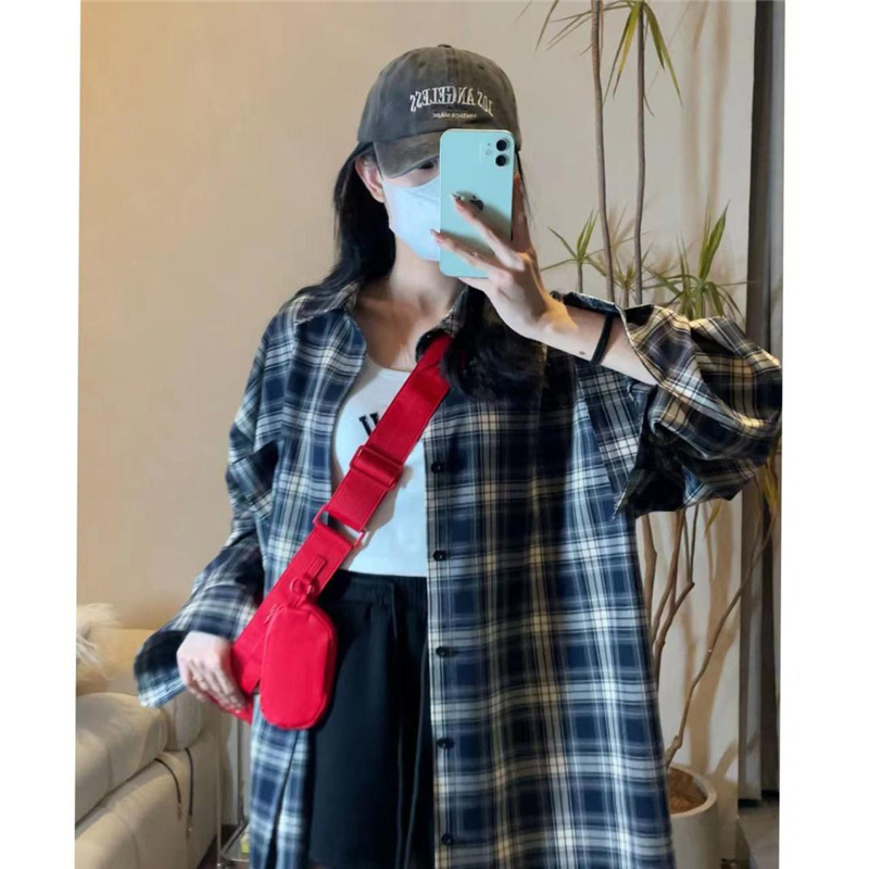 vintage美式復古藍色格子襯衫女春設計感小眾小個子oversize外套