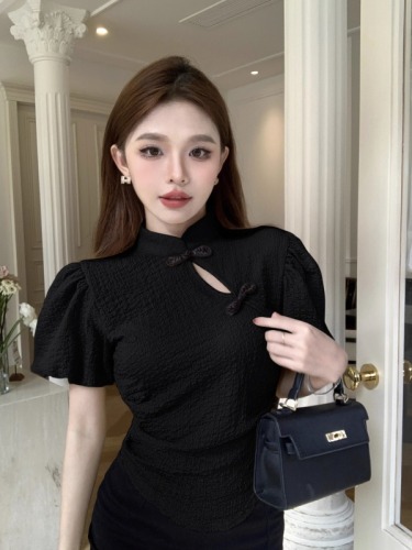 New Chinese style pure lust style puff sleeve thin national style improved button cheongsam short-sleeved shirt top
