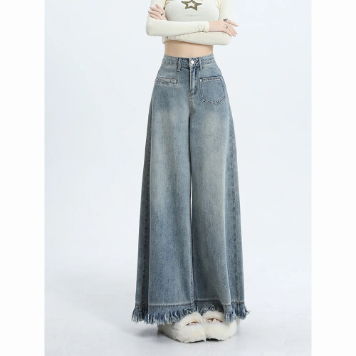 High waist retro dark and light blue design tassel wide leg jeans for women 2024 new loose floor mopping pants