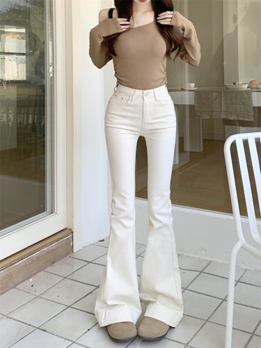 Actual shot~Spring new versatile high-waisted slimming white slightly flared jeans